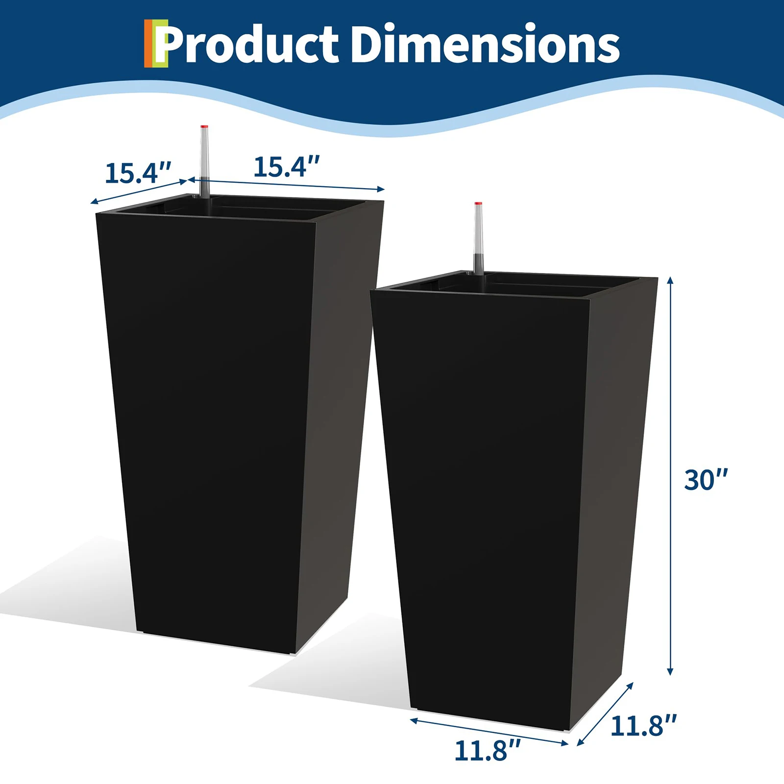 Architectural Mobile Self-Hydrating Tall Planter with Integrated Water-Level Gauge & Drainage Architectural Mobile Self-Hydrating Tall Planter with Integrated Water-Level Gauge & Drainage